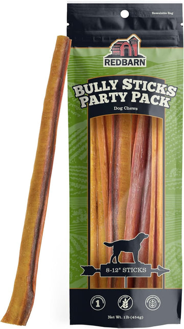 Redbarn All Natural 8-12” Bully Sticks For Medium & Large Dogs - Healthy Long Lasting Chews Variety Party Pack - 100% Beef Single Ingredient Low Odor Rawhide Free - 1 Lb. Bag - Packaging May Vary