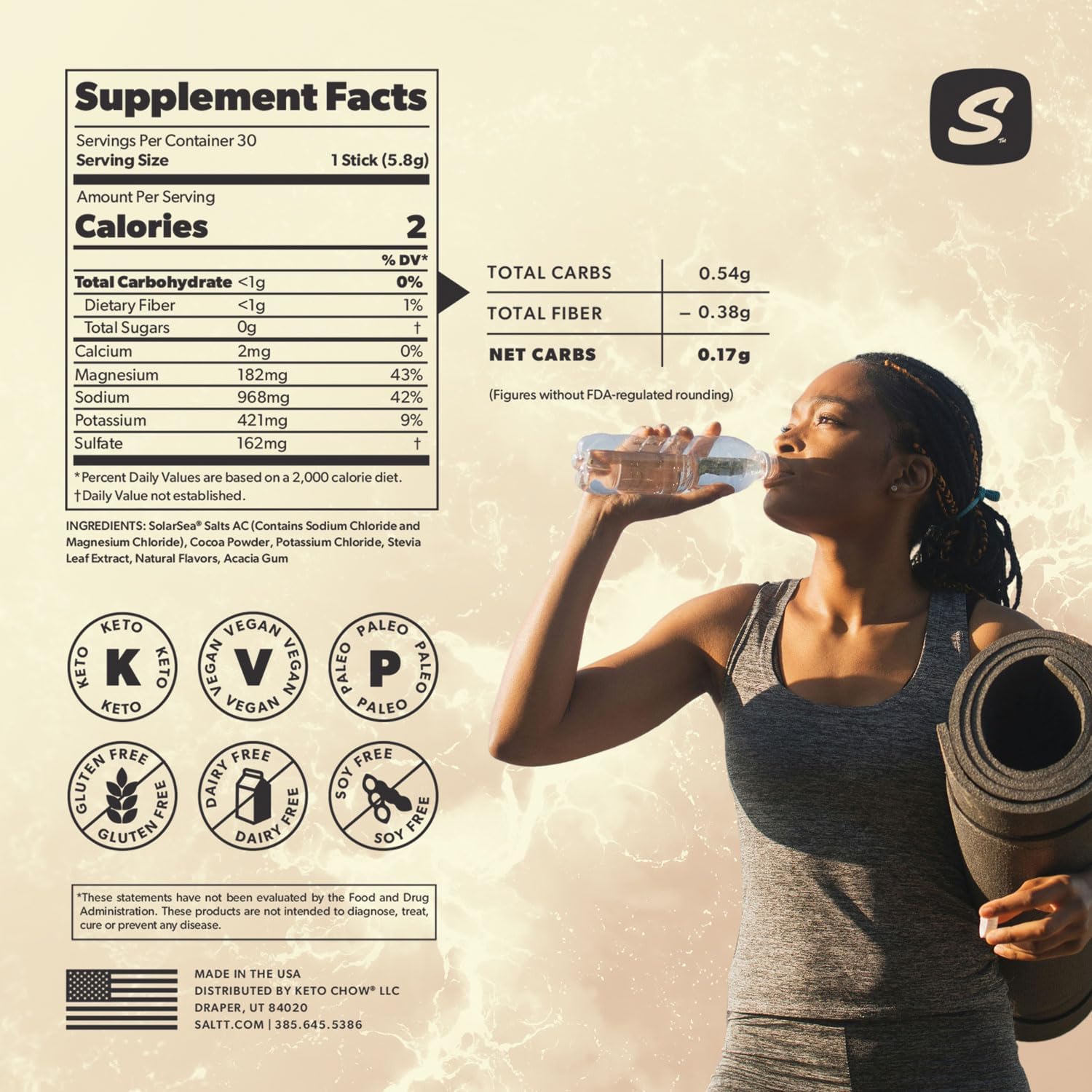 SALTT Electrolytes Powder Flavored Drink Mix - Cocoa Loco - 30 Hydration Packets - Magnesium, Potassium, Sodium, Trace Minerals - Zero Sugar & Gluten Free - Travel Essentials - By Keto Chow : Health & Household