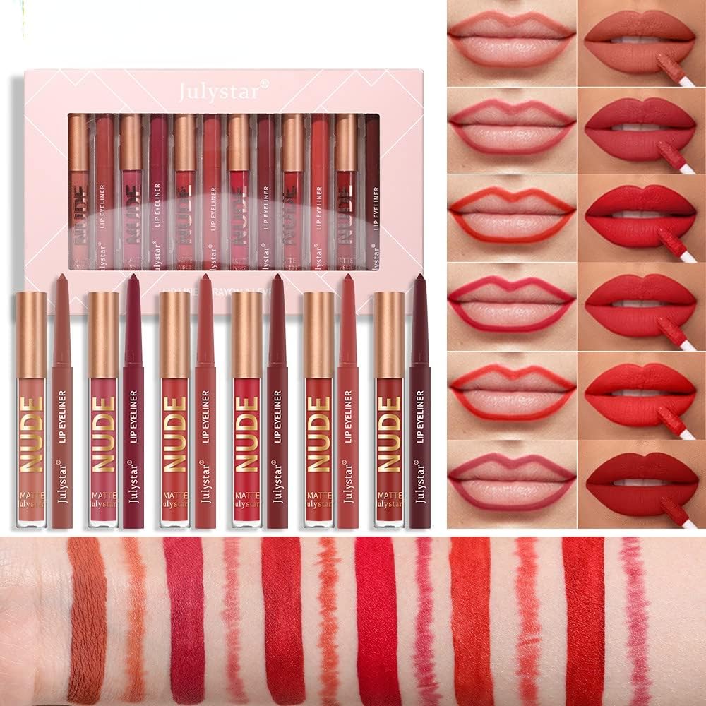Julystar 12Pcs Matte Lip Glaze & Lip Liner Set Lip Pencil And Lip Glaze Lip Color Lip Liner Set Non-Stick Cup Matte Lip Glaze