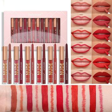 Julystar 12Pcs Matte Lip Glaze & Lip Liner Set Lip Pencil And Lip Glaze Lip Color Lip Liner Set Non-Stick Cup Matte Lip Glaze