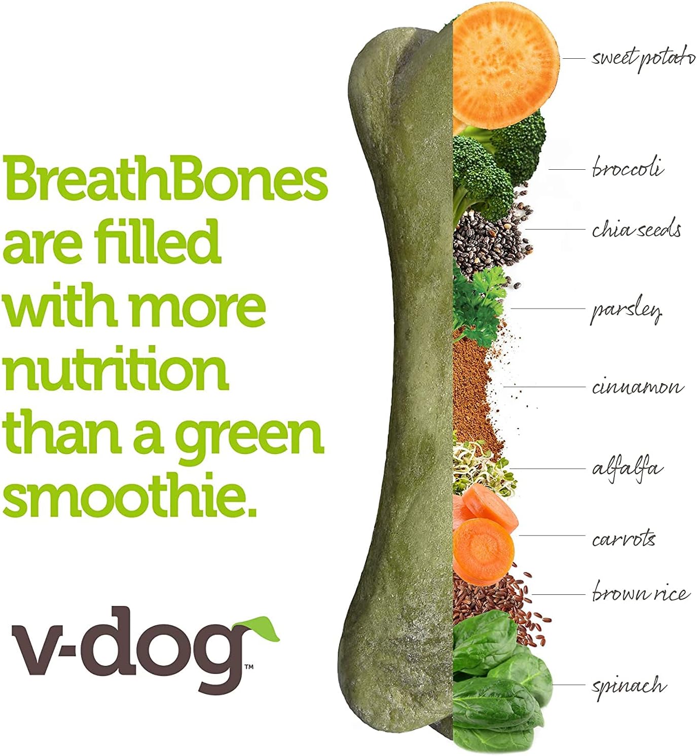 V-dog Dog Treats - Vegan Breathbone Teeth Cleaning Dental Bones - Fresh Breath - 8 Ounces - Minis - All Natural, Made in USA - 10 Bones - 3" Long - Easy to Digest