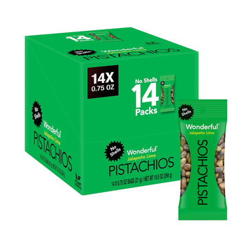 Wonderful Pistachios No Shells, Jalapeño Lime Nuts, 0.75 Ounce Bags (Pack Of 14), Protein Snacks, Gluten Free, On-The-Go, Individually Wrapped Healthy Snack