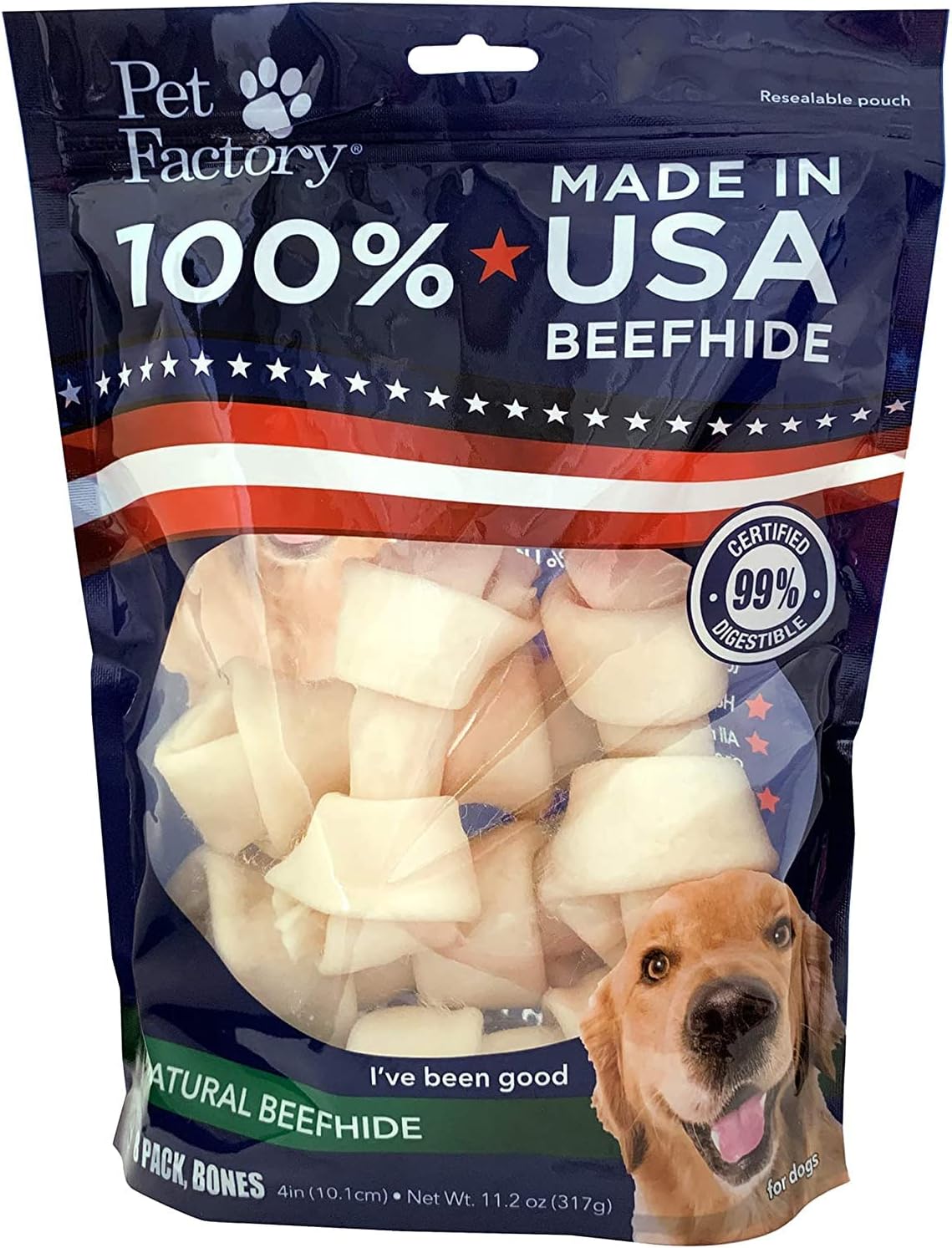Pet Factory 100% Made In Usa Beefhide 4-5" Knotted Bones Dog Chew Treats - Natural Flavor, 8 Count/1 Pack
