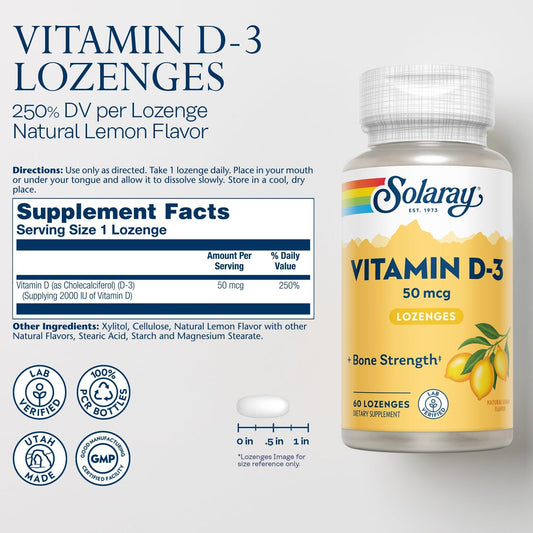 SOLARAY Vitamin D3 Lozenges 50mcg - 2000IU D3 Vitamin - Strong Bones, Muscle and Immune Support - Natural Lemon Flavor - Lab Verified, 60-Day Guarantee - 60 Servings, 60 Lozenges