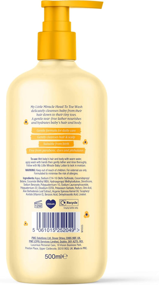 My Little Miracle Top To Toe Baby Hair And Body Wash, Tear-Free Gentle Formula For All Skin & Hair Types, 500Ml 2-Pack