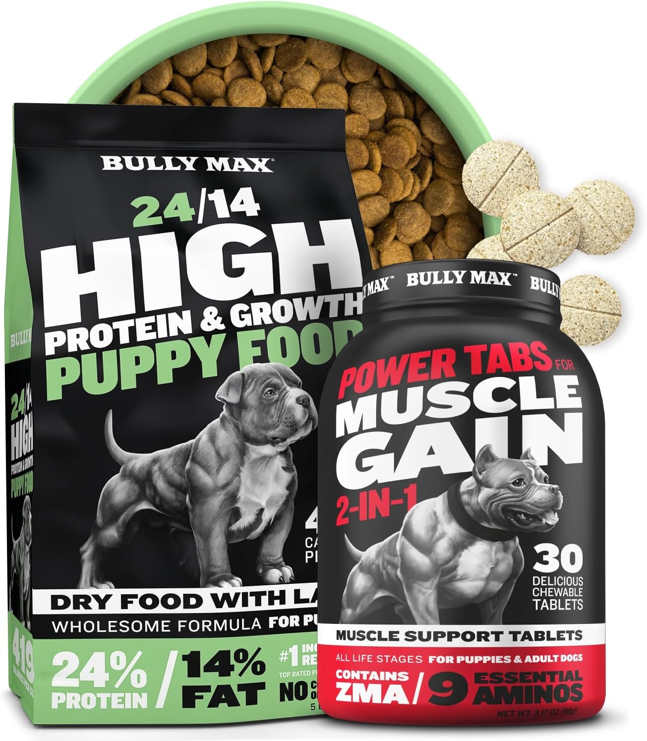 Bully Max 24/14 High Protein Puppy Food 5 Lbs. Bundle With Muscle Builder Power 30 Chewable Tabs - Growth Formula & Dog Vitamins For All Breeds & Ages