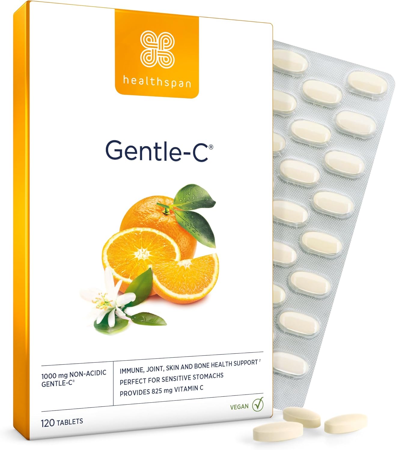 Healthspan Gentle Vitamin C 1,000Mg | 120 Tablets | 1,000% Nrv | Stomach Friendly Calcium Ascorbate | Immune & Joint Health | Vegan