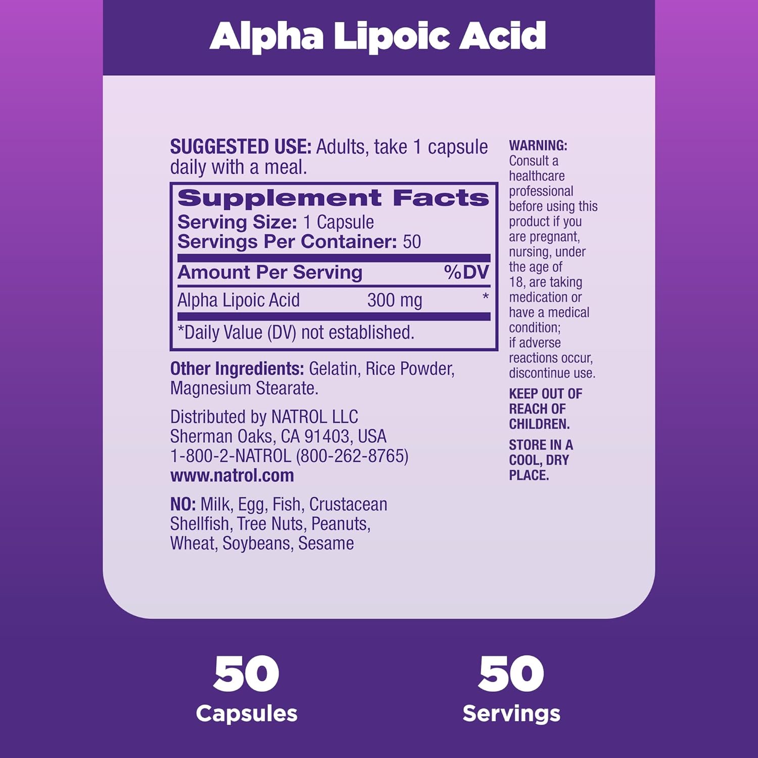 Natrol Alpha Lipoic Acid Capsules, Antioxidant Protection, ALA, Helps Protect Against Cellular Oxidation and Age-Related Damage, Whole Body Cell Rejuvenation, 300mg, 50 Count : Health & Household