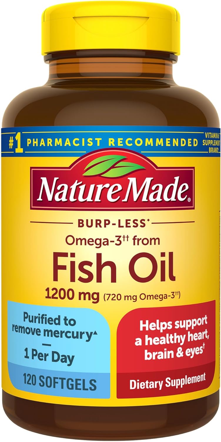 Nature Made Burp Less Omega 3 Fish Oil 1200 Mg, Fish Oil Supplements As Ethyl Esters, Omega 3 Fish Oil For Healthy Heart, Brain And Eyes Support, One Per Day, Omega 3 Supplement With 120 Softgels