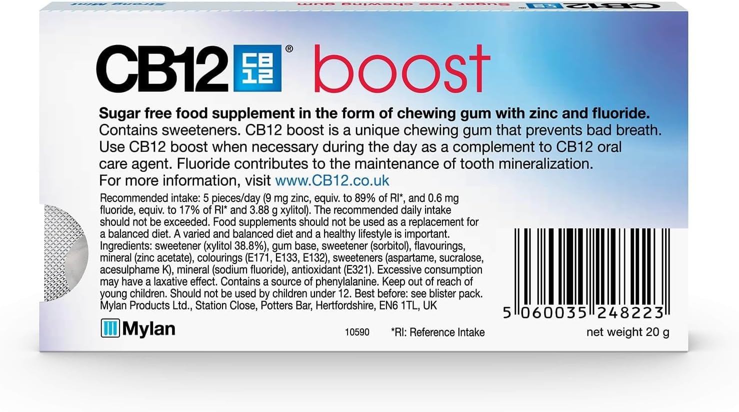 CB12 Boost Chewing Gum – Instant Freshness on the Go, Prevents Bad Breath, Sugar-Free, Cool Mint Flavour – 10 pcs