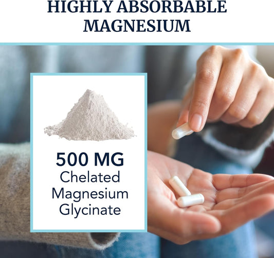 Magnesium Glycinate 500Mg | Chelated For Muscle Relaxation, Bones, Heart, Nerve, Sleep & Calm Support For Women & Men | High Absorption Magnesium Chelate Supplement & Bisglycinate Complex | 120Ct