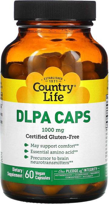Country Life Vitamins Dl-Phenylalanine (Dlpa) 1000Mg – Essential Amino Acid – Supports Mood Health, Promotes Neurotransmitter Health – Gluten-Free, Vegan – 60 Capsules