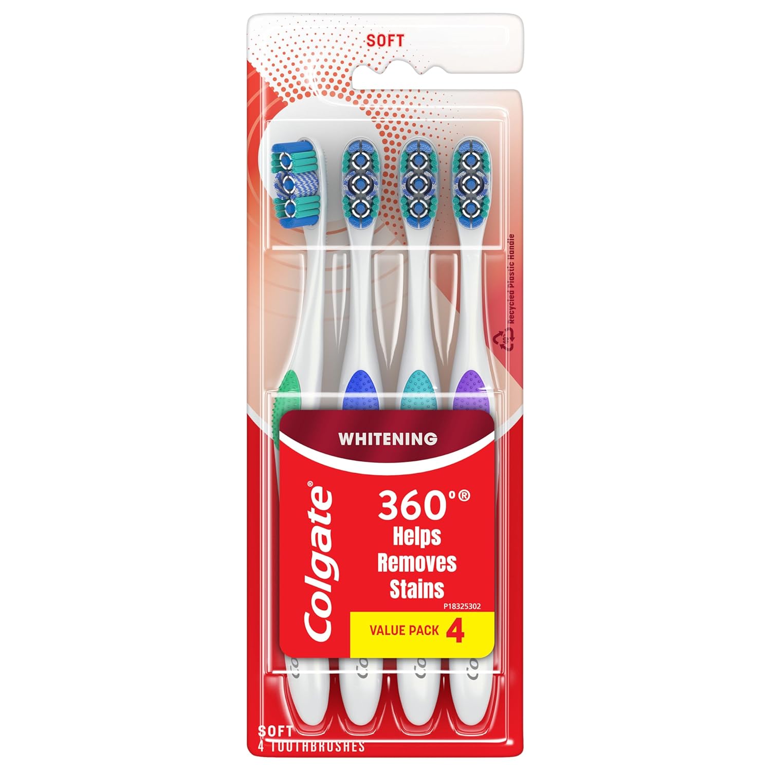 Colgate 360 Optic White Whitening Toothbrush, Adult Soft Toothbrush With Whitening Cups, Helps Whiten Teeth And Removes Odor Causing Bacteria, 4 Pack