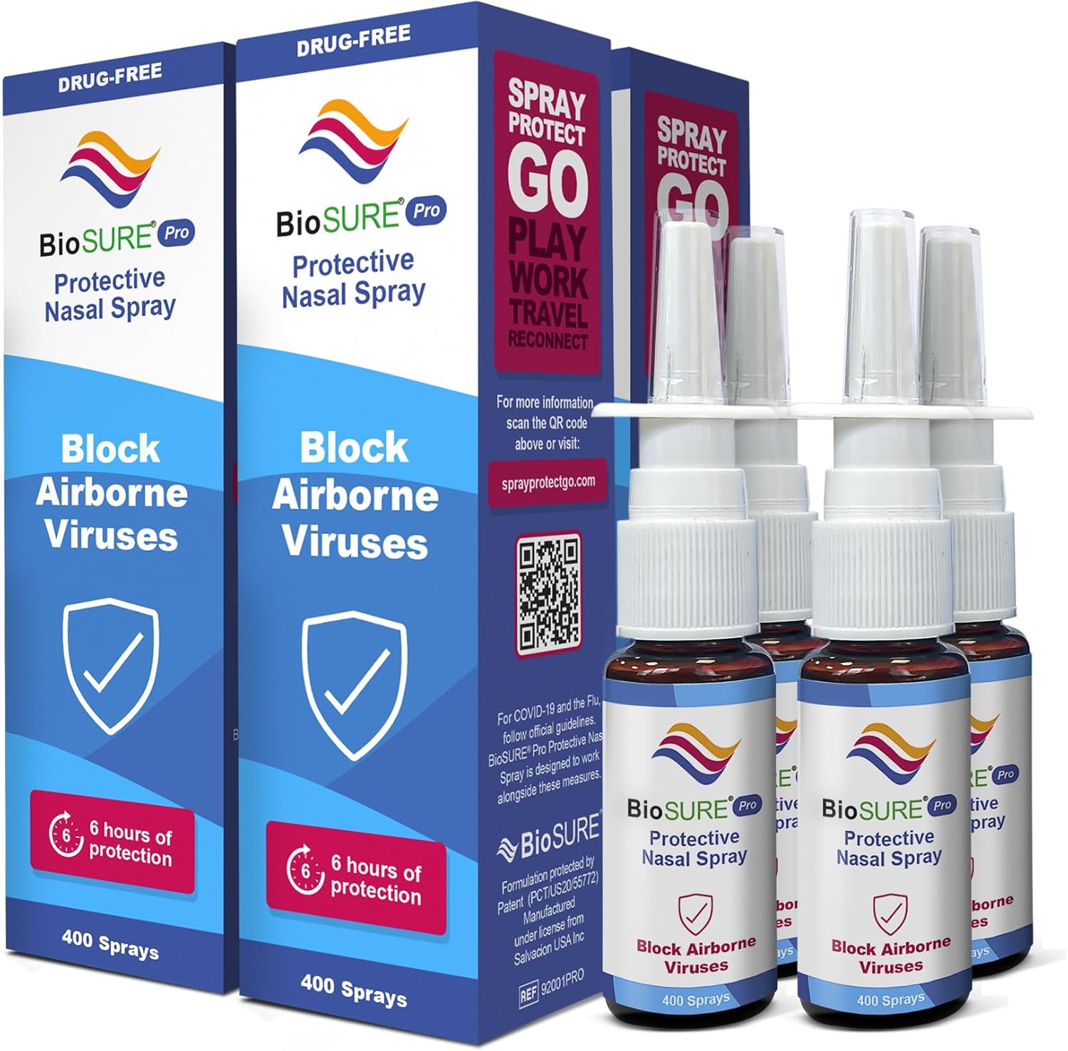 Biosure Pro Antibacterial & Antiviral Nasal Spray Family Pack (4) | Clinically Proven Long Lasting & Fast Acting | Natural Drug Free Barrier Blocks Colds & Flu Before They Start