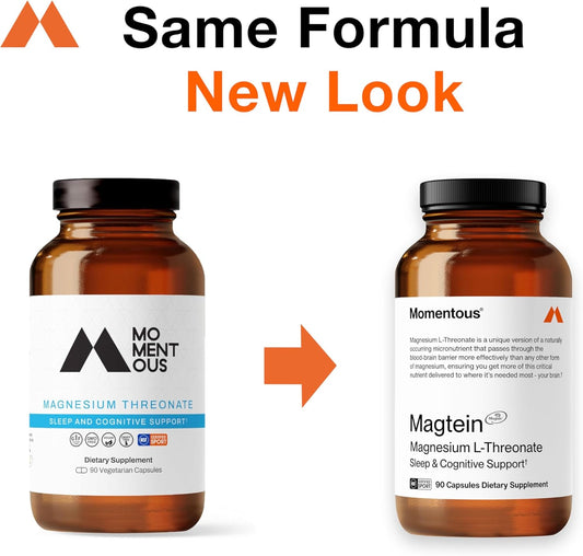 Momentous Magtein Magnesium L-Threonate 145Mg - Magnesium Threonate Supplement For Cognitive Function & Rest Support - Magnesium L Threonate Capsules, 30 Servings (Package May Vary)