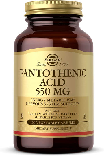 Solgar Pantothenic Acid 550 Mg, 100 Vegetable Capsules - Vitamin B5 - Energy Metabolism, Nervous System Support - Gluten Free, Dairy Free, Kosher - 100 Servings