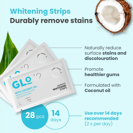 Glo32 - Advanced Teeth Whitening Strips - Gentle Teeth Stain Remover With Coconut Oil - Effective In 20Min - Peroxide Free - Vegan Cruelty Free - 28Pcs