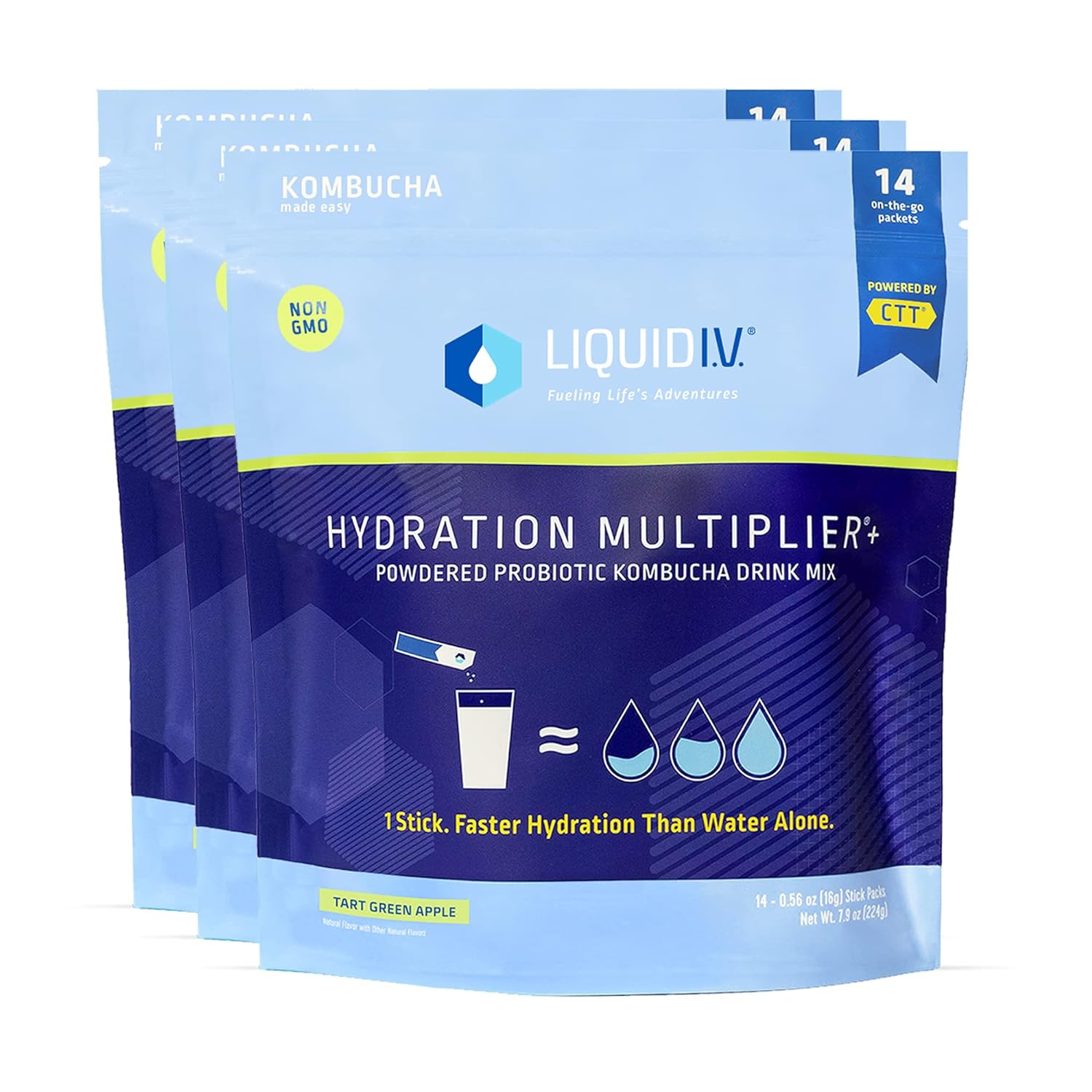 Liquid I.V. Hydration Multiplier + Probiotic Kombucha - Tart Green Apple - Hydration Powder Packets | Electrolyte Powder Drink Mix | Easy Open Single-Serving Servings | Non-GMO | 3 Pack (42 Servings)