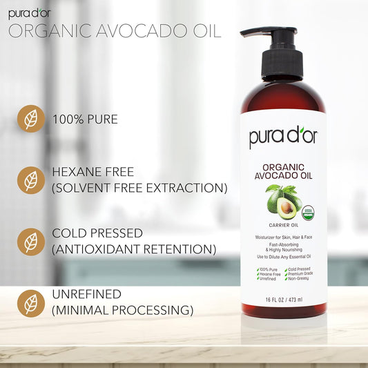 Pura D'Or 16 Oz Organic Avocado Oil - 100% Pure & Natural Usda Certified Cold Pressed Carrier Oil For Diy Beauty, Non-Greasy, Unscented, Hexane Free Liquid Moisturizer - Face Skin & Hair - Men & Women