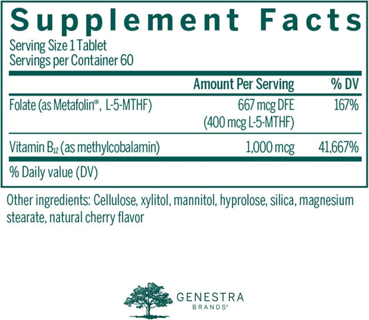 Genestra Brands Active Chewable B12 With L-Methylfolate | Chewable Vitamin B12 And Folate Supplement | 60 Chewable Tablets | Natural Cherry Flavor