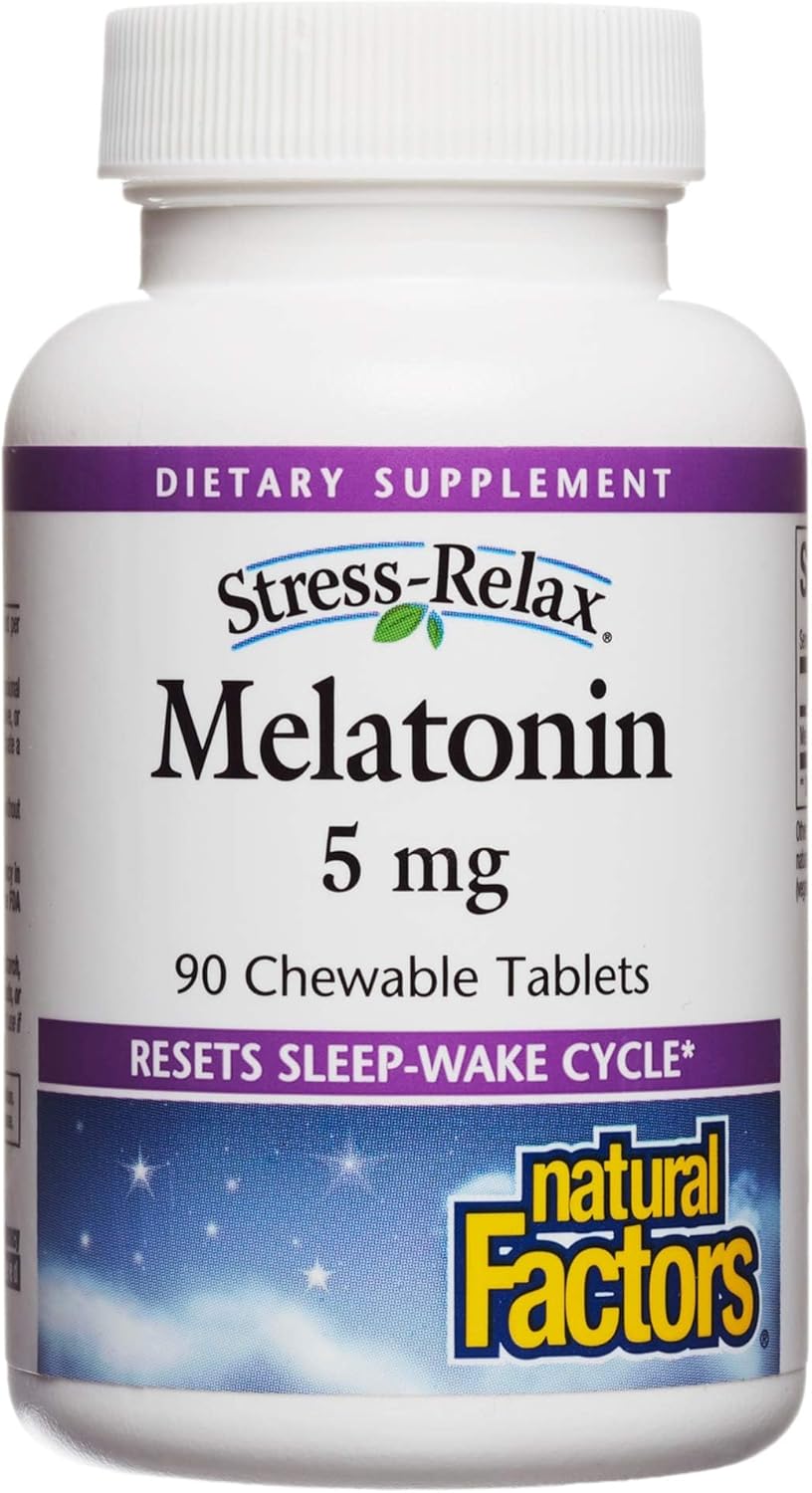 Stress-Relax Melatonin 5 Mg By Natural Factors, Natural Sleep Aid, Resets The Sleep-Wake Cycle, 90 Chewable Tablets (90 Servings), Peppermint Flavor