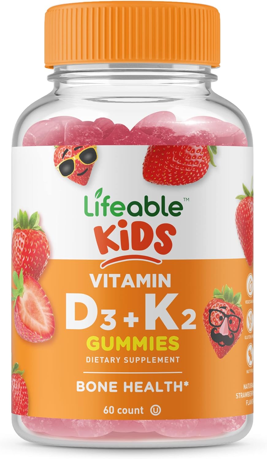 Lifeable Vitamin D3 + K2 - Great Tasting Natural Flavor Gummy Supplement Vitamins - Gluten Free Vegetarian and Non-GMO Chewable - for Strong and Healthy Bones - 60 Gummies (Kids)