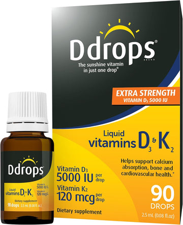 Ddrops Extra Strength 5000 Iu Vitamin D3 + K2 90 Drops - Liquid Vitamin D3 & K2 (Mk7) Supplement. Supporting Strong Bones, Immune System And Cardiovascular Health