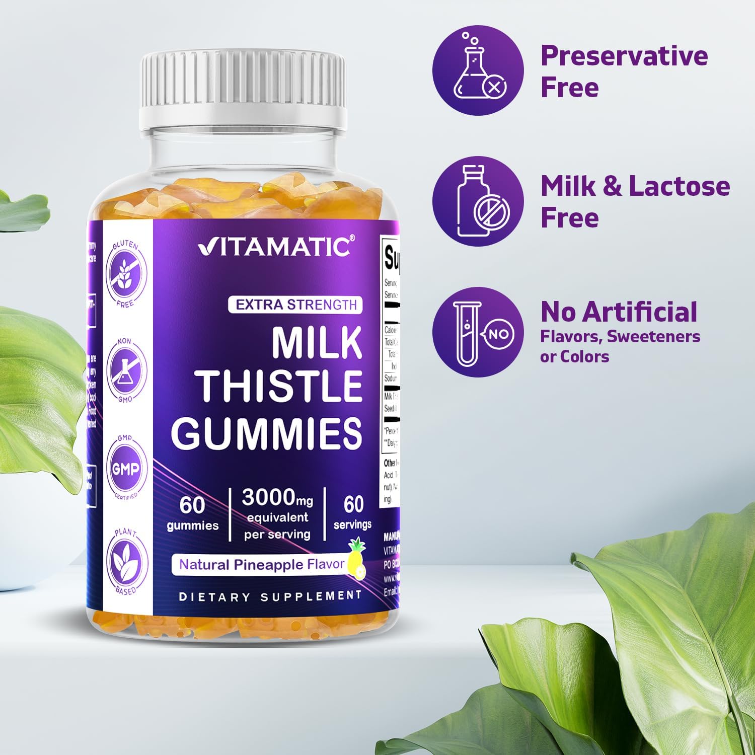 Vitamatic Milk Thistle Gummies - 3000 mg Equivalent - Liver Detox & Anti Oxidant Health - Min. 80% Silymarin Flavonoids - 60 Pectin Based Gummies : Health & Household