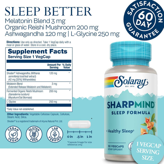 Solaray Sharpmind Sleep, Nootropic Sleep Aid Formula, Nootropics Brain Support Supplement For A Calm Mood And Healthy Sleep With Slow Release Melatonin 3Mg, 60 Day Guarantee, 30 Servings, 30 Vegcaps