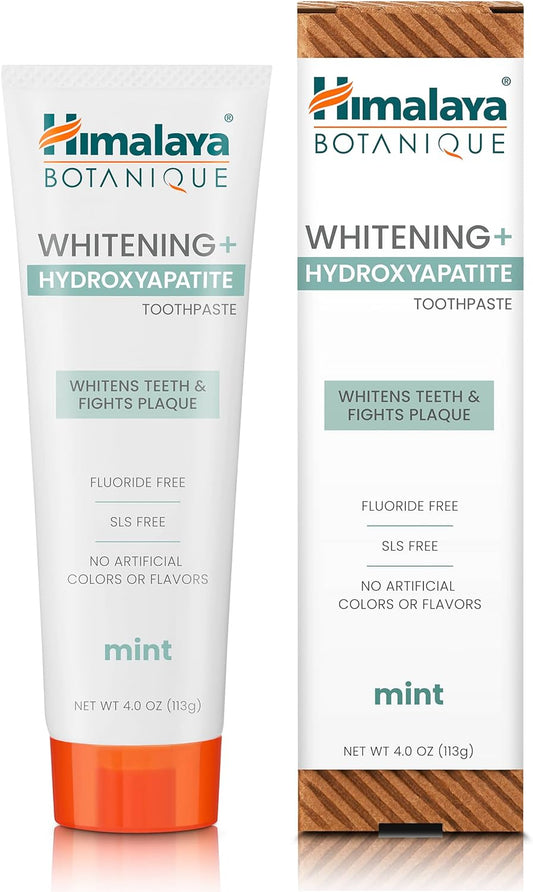 Himalaya Botanique Whitening + Hydroxyapatite Toothpaste For Whiter Teeth & Fresher Breath, Fights Plaque With Hydroxyapatite Support & Mint Flavor, Fluoride Free, Sls Free, & Vegan, 4.0 Oz, 2 Pack