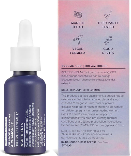 Trip Cbd Oil 3000Mg (High Strength), Dream Drops, Vegan, 100% Natural, Flavoured Cbd Oil Blended With Mct Coconut Oil - Feel Less Stress, Improve Sleep, Anxiety Relief - 30Ml