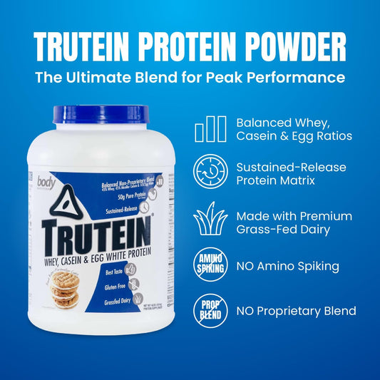 Body Nutrition Trutein High Protein Powder: 45% Whey, 45% Casein, 10% Egg White Protein Shake Mix, Gluten-Free, Low Sodium, Low Carb Protein Supplement For Men & Women, Peanut Butter Marshmallow, 4Lb