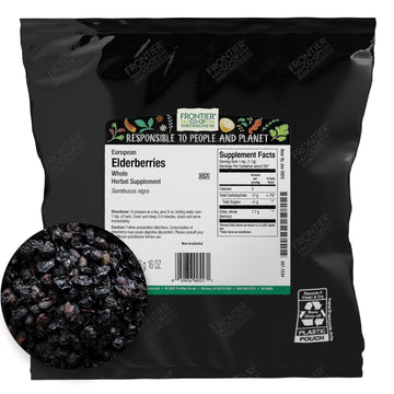 Frontier Co-Op Dried Elderberries, 1Lb Bulk Bag, European Whole | Kosher & Non-Gmo Elderberry Dried Fruit For Elderberry Powder, Tea, Immune Support