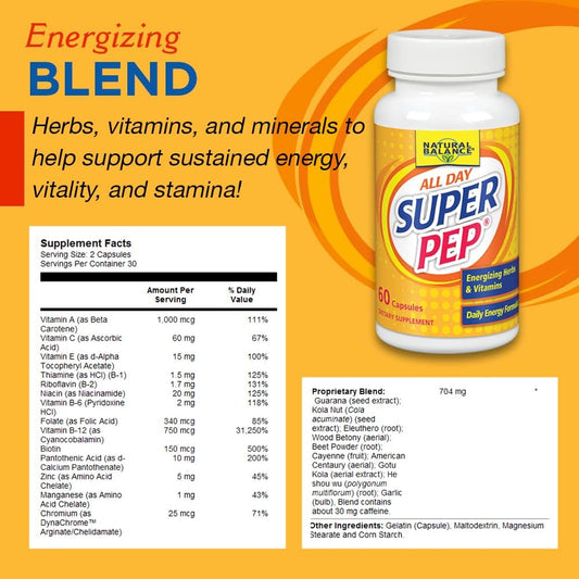 Natural Balance Super Pep | All Day Herbal Energy Supplement | with Eleuthero, Kola Nut, Gotu Kola, B-Vitamins & Chromium | 60 Capsules, 30 Servings