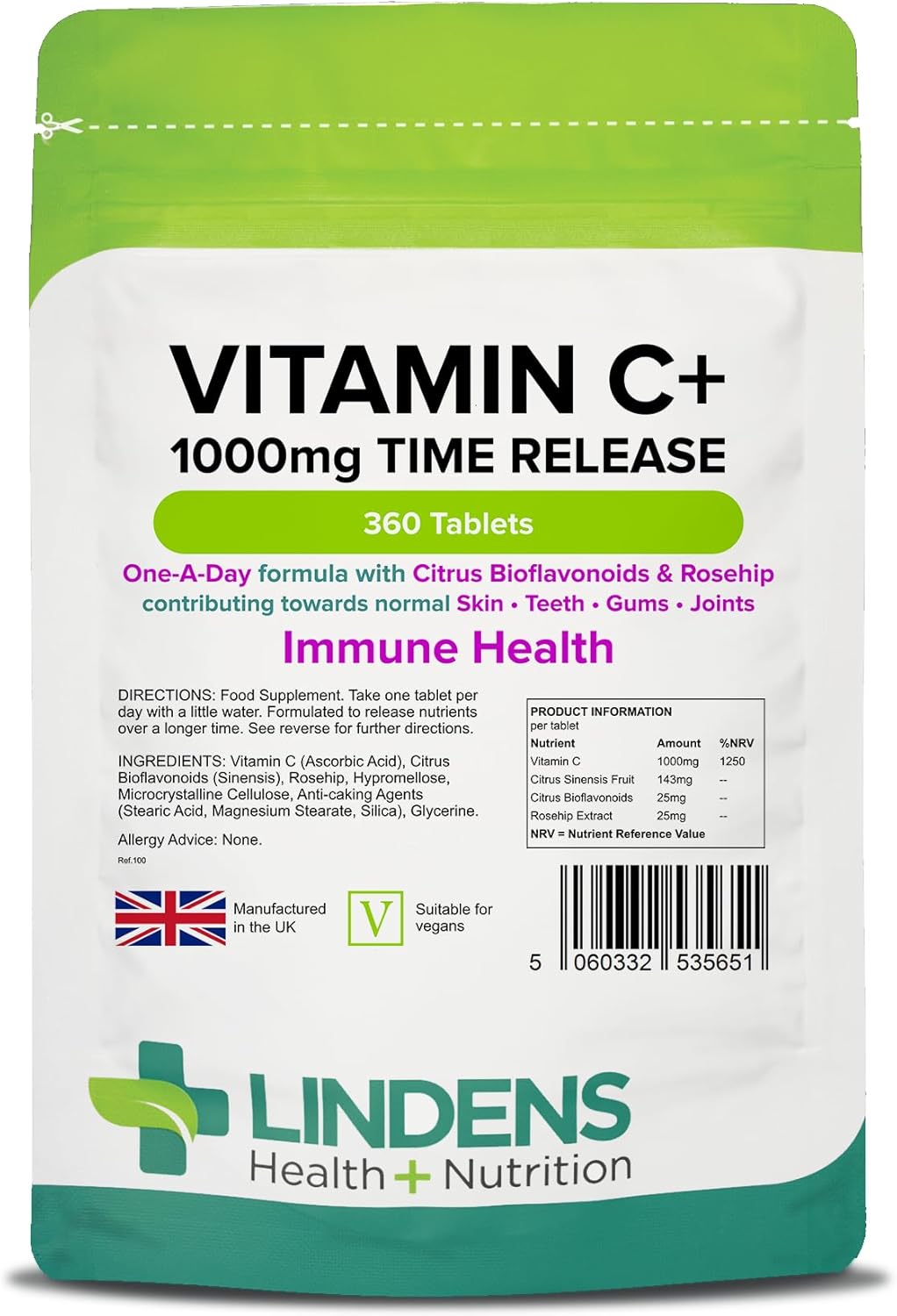 Lindens Vitamin C+ 1000Mg – 360 Tablets – One-A-Day Time-Release Tablets With Citrus Bioflavonoids And Rosehip – Immune System Health – Uk Manufacturer, Letterbox Friendly