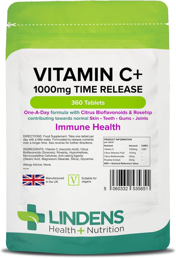 Lindens Vitamin C+ 1000mg – 360 Tablets – One-a-Day Time-Release Tablets with Citrus Bioflavonoids and Rosehip – Immune System Health – UK Manufacturer, Letterbox Friendly