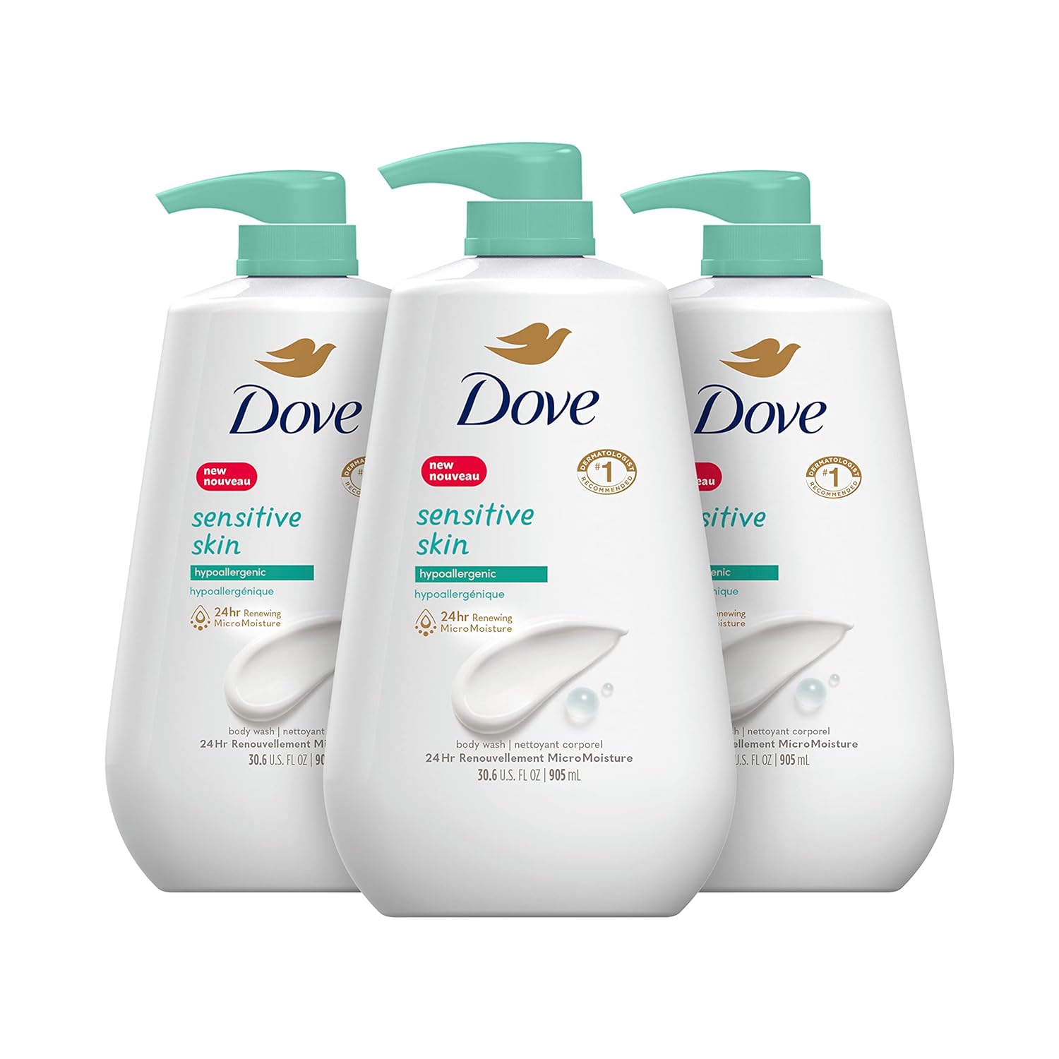 Dove Body Wash 3 Count With Pump Sensitive Skin Hypoallergenic, Paraben-Free, Sulfate-Free, Cruelty-Free, Moisturizing Skin Cleanser Effectively Washes Away Bacteria While Nourishing Skin 30.6 Oz