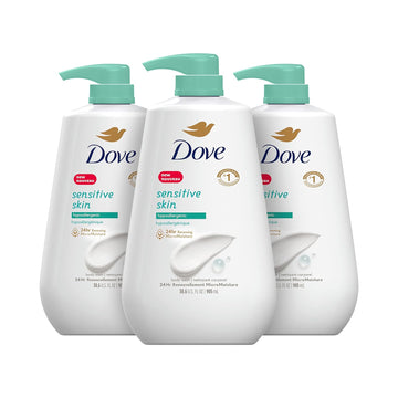 Dove Body Wash 3 Count With Pump Sensitive Skin Hypoallergenic, Paraben-Free, Sulfate-Free, Cruelty-Free, Moisturizing Skin Cleanser Effectively Washes Away Bacteria While Nourishing Skin 30.6 Oz