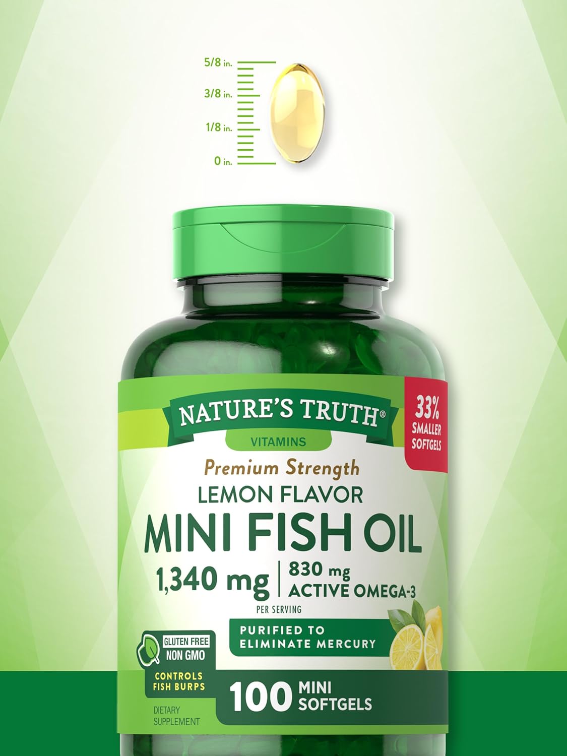 Mini Fish Oil Omega 3 | 1340 mg | 100 Softgels | Burpless Lemon Flavor Pills | Non-GMO & Gluten Free Supplement | by Nature's Truth : Health & Household