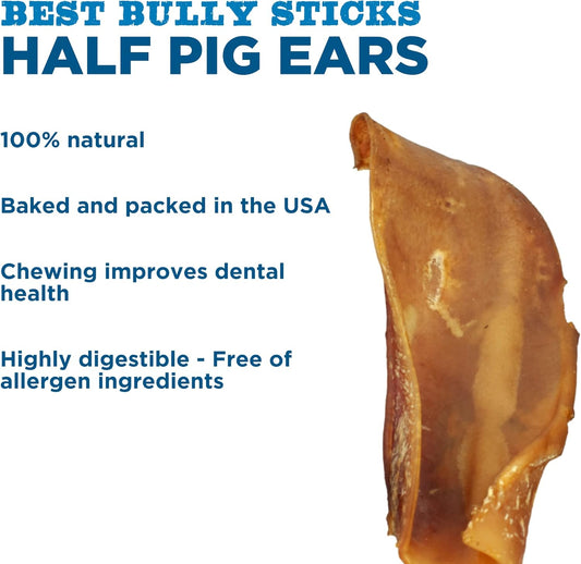 Best Bully Sticks All Natural Usa Baked & Packed Half Pig Ears For Dogs - Single Ingredient Highly Digestible 100% Pork Dog Chew Treats - Great For Puppies, Small, Medium, And Large Dogs - 25 Pack