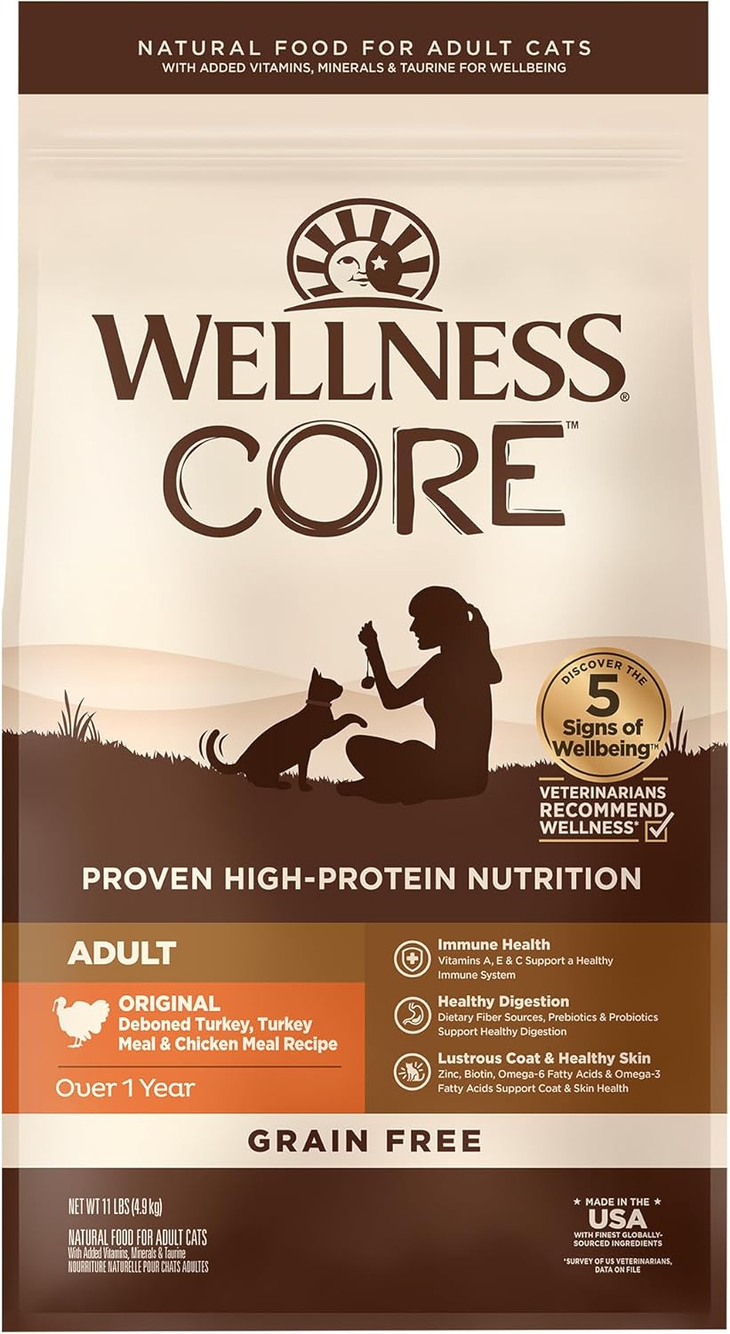 Wellness Core High Protein Grain-Free Adult Dry Cat Food, Original Formula Turkey, Turkey Meal & Chicken Recipe, 11 Pound Bag