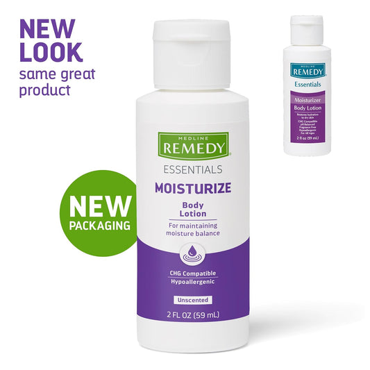 Medline Remedy Essentials Moisturizing Body Lotion (2 oz Bottle), Unscented, Travel-Size, Hydrating, Non-Greasy, For Dry Skin, Hypoallergenic, Men, Women, Elderly