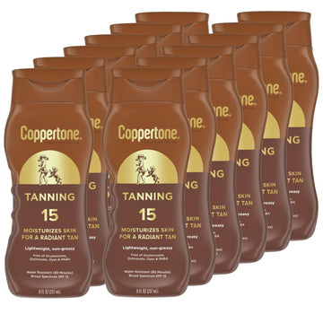Coppertone Tanning Sunscreen Lotion, Water Resistant Body Sunscreen SPF 15, Broad Spectrum SPF 15 Sunscreen, 8 Fl Oz Bottle (Pack of 12)