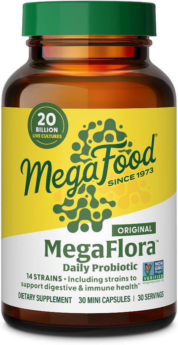 Megafood Megaflora Probiotic - Probiotics For Women Digestive Health - Immune Support Supplement - 20 Billion Cfu - 14 Strains - Non-Gmo - Vegetarian - 90 Mini Capsules (90 Servings)