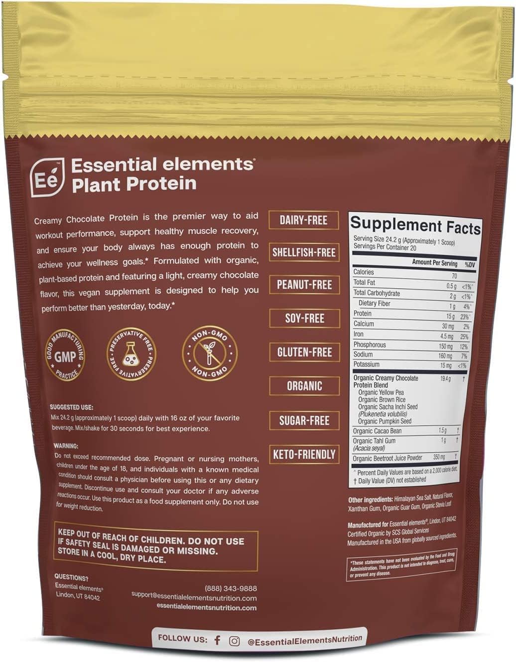 Essential Elements Organic Pea Protein Powder - Creamy Chocolate | Low-carb Plant-Based Vegan Blend - Keto-Friendly and Gluten-Free | 20 Servings, 17 oz : Health & Household