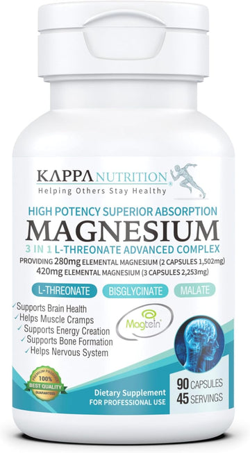 (90 Capsules), 2,253mg Per Serving, Providing 420mg Elemental Magnesium, L-Threonate, Bisglycinate Chelate, Malate, for Brain, Sleep, Stress, Cramps, Headaches, Energy, Heart from Kappa Nutrition