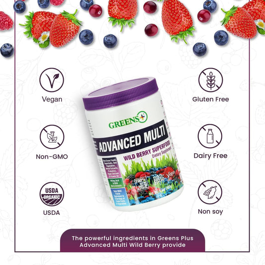 Greens+ Advanced Multi Wild Berry Superfood Powder, Organic Healthy Blend for Morning Vitality, Nutrition, Vibrant Health, Dietary Supplement, Vitamins & Minerals, Vegan, Soy/Dairy/Gluten Free(9.4oz)