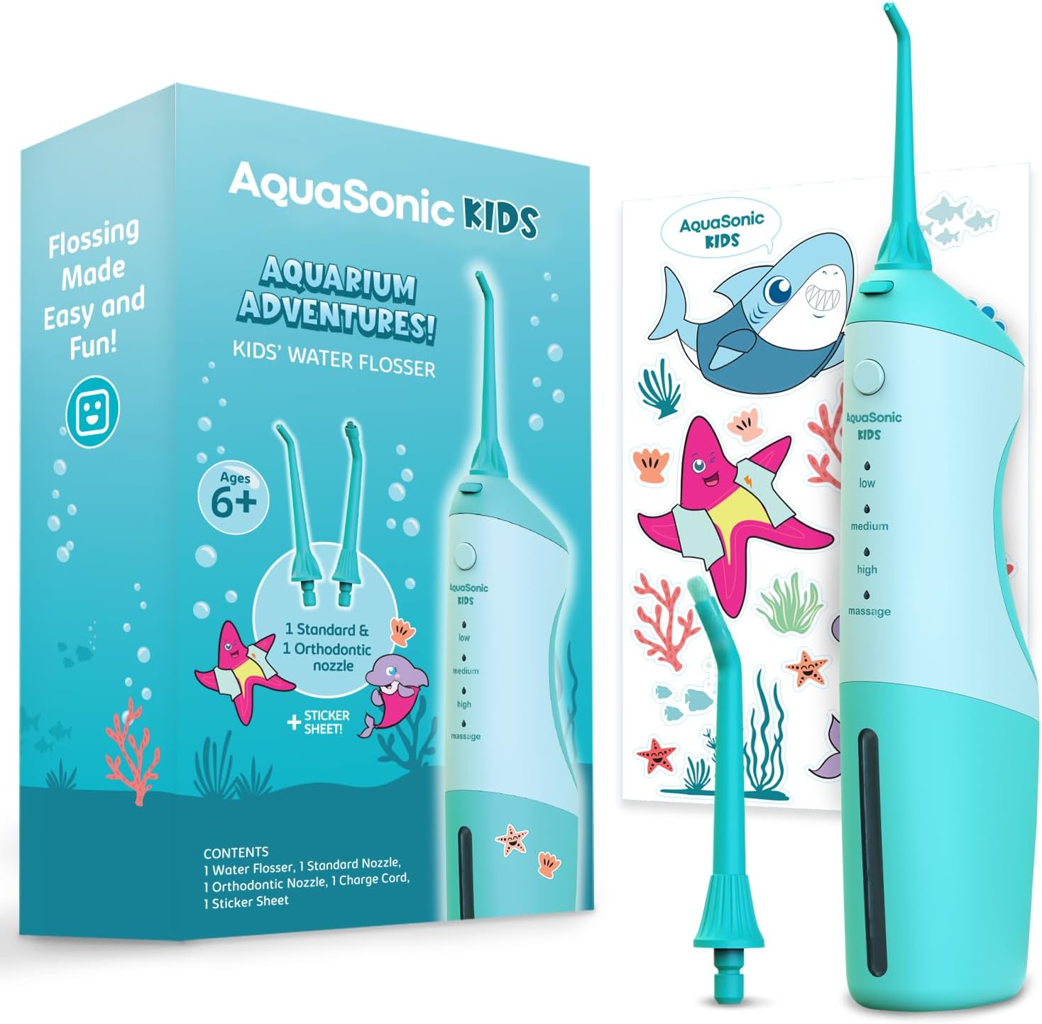 Aquasonic Kids' Water Flosser For Ages 6+ | Standard Nozzle, Orthodontic Nozzle & Waterproof Stickers | 4 Flossing Modes | Aquarium Adventures Theme (Blue)