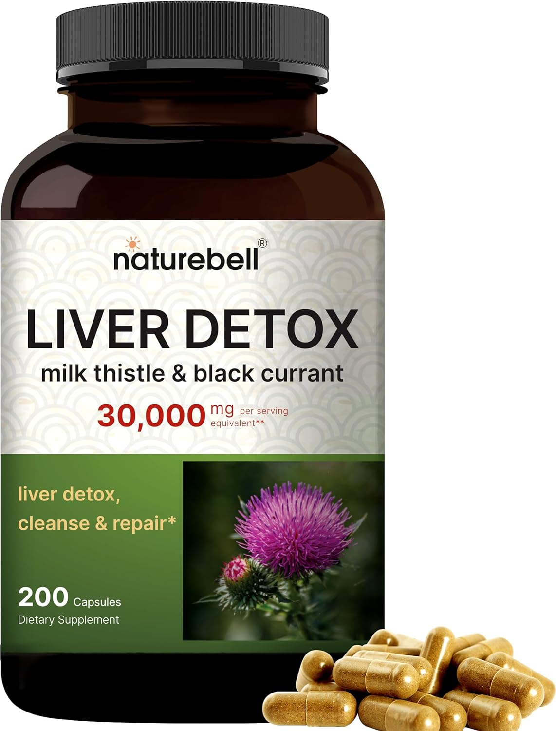 Liver Detox Supplements – 200 Capsules With Milk Thistle 30,000Mg & Black Currant | Natural Active Silymarin – Extra Strength 60:1 Extract – Herbal Cleanse & Repair Support – Non-Gmo
