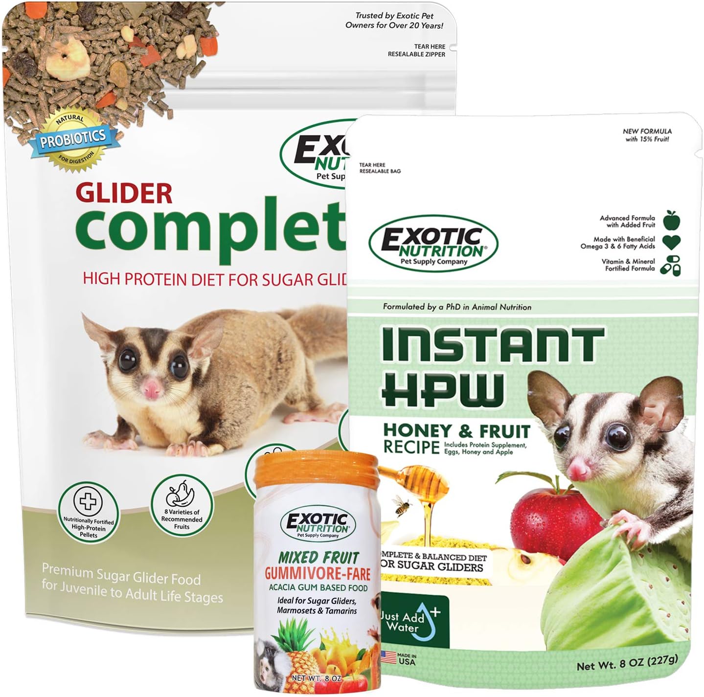 Sugar Glider Complete Deluxe Food Starter Package - Nutritionally Complete Pellet Diet & High Protein Supplemental Food For Sugar Gliders… (3 Piece Set)